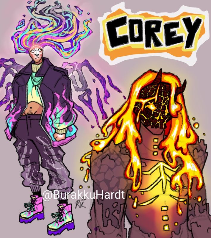 Two designs for @BurakkuHardt's OC Corey, digital drawing.

The first design is a full body concept; he wears a large coat, a cropped turtle neck shirt, jean sweatpants, and large work boots. All of which are colored in a purple-grey with bright multi-colored neon flames on them. His face and fists are glowing, his face showing the glowing outline of a skull. His hair is a floating multicolored neon flame that's getting at the ends- and he has wings of a similar substance.

The second drawing is a half-body, body made of stone and hair made of magma. His skeleton glows radioactive yellow underneath, showing through the stone, and his face is covered by a stone skull mask with devil horns.