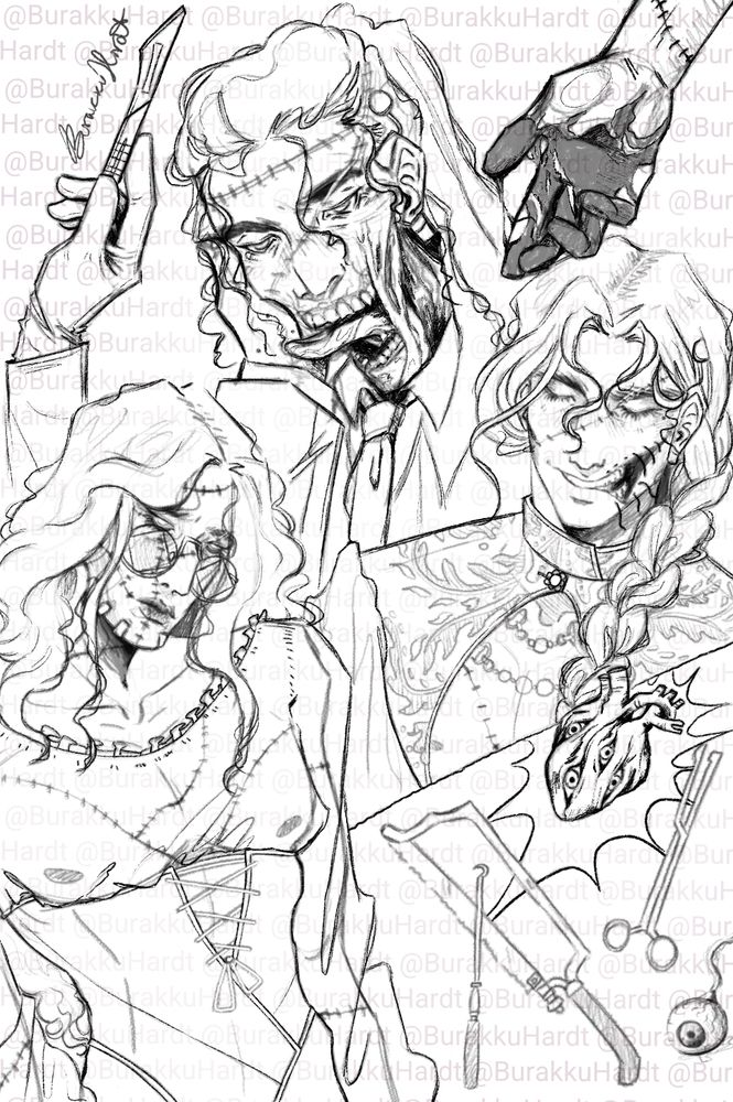 Digital drawing in sketch style of BurakkuHardt's OC Leif, drawn three times in different zombie/Frankensteins Monster forms; as well as a heart with eyes, medical supplies, a medical-gloved hand holding a scalpel, and another hand covered in blood.
The sketches are laid out together in a full spread, black ink on white background, with the artists name