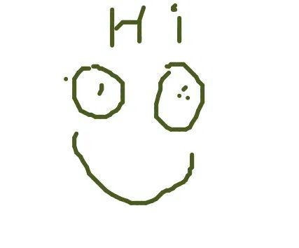"Hi" written in army green color on a white sheet with a smiley face on the bottom of it. But smiley face is a little. creepy looking. hehe. i love it though