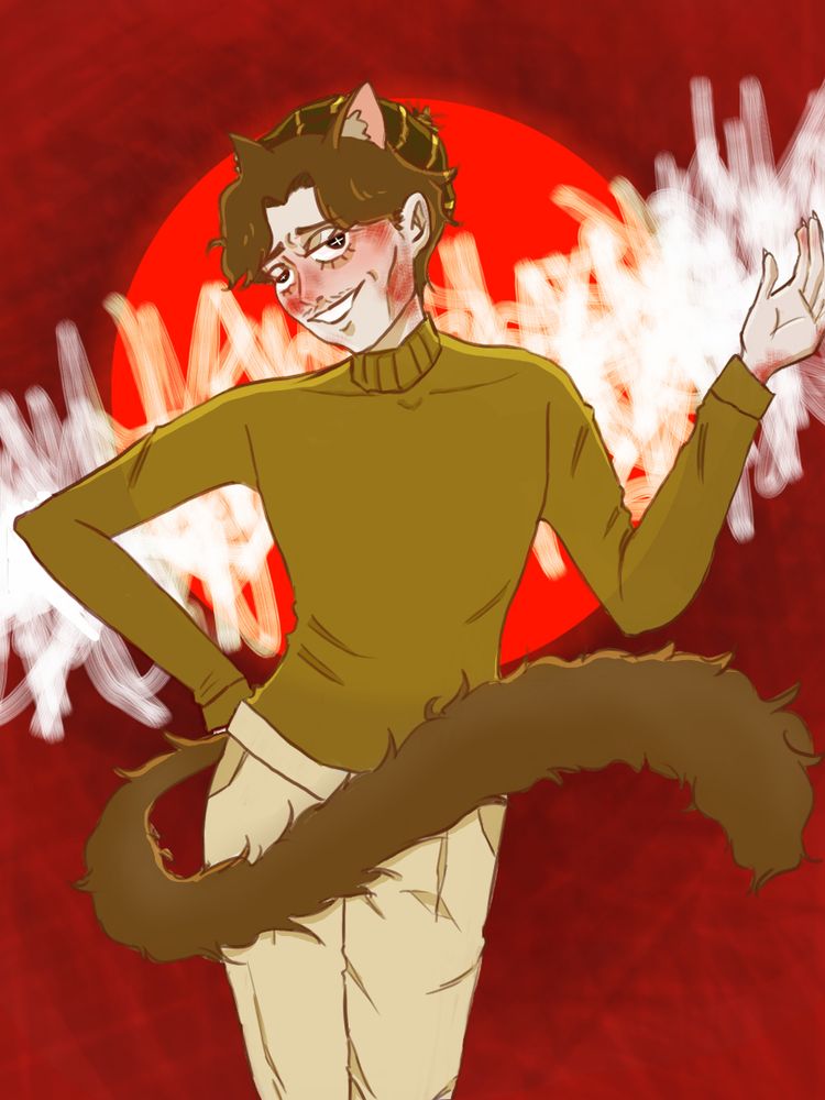 a drawing of a furry man in brown turtleneck and beige pants, slight moustache and short brown hair with a stripped beanie on top. he's smiling mischievously to the camera. face slightly covered in red marks (blood?). background is red with a spotlight (?) behind him. random white streaks too. i dont know what for i just did that lol.
