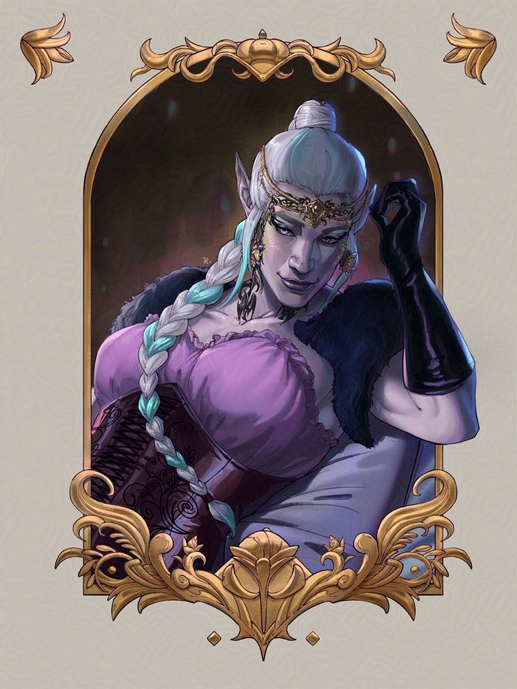 A muscular drow woman is laying on top of pillows, relaxed. Her eyes are focused on something from outside the artwork. She is wearing a corseted purple dress with fur shoulder pads.