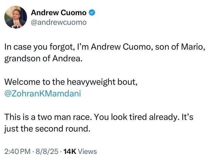 Andrew Cuomo, the man who harasses and sexually assaults women, is talking about his bloodline and how that should have some sort of affect on Mamdani (?wut?) and it seems like maybe Andy had one too many drinkie poos when he crafted this post. lol 