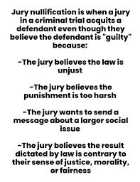 Black text on a white background that reads:

 Jury nullification is when a jury in a criminal trial acquits a defendant even though they believe the defendant is " guilty" because:
-The jury believes the law is unjust
punior lieve then
motage aperearger seal
issue
-The jury believes the result dictated by law is contrary to their sense of justice, morality, or fairness