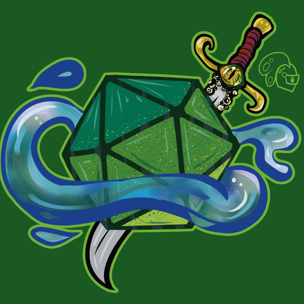 A digital drawing of a d20 inspired by the Critical Role Mighty Nein campaign. Fjord is an orc in that campaign, with a connection to the ocean. The dice is green to match the gradient on his skin, with a swirl of seawater and a falchion with a suspicious eye in the background. 