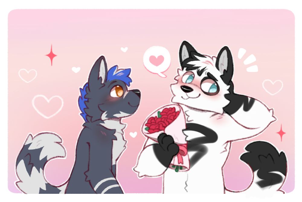 floosh holding roses and is shy blushing looking away from daze but holding the flowers infront of him. Daze is happily looking at floosh.