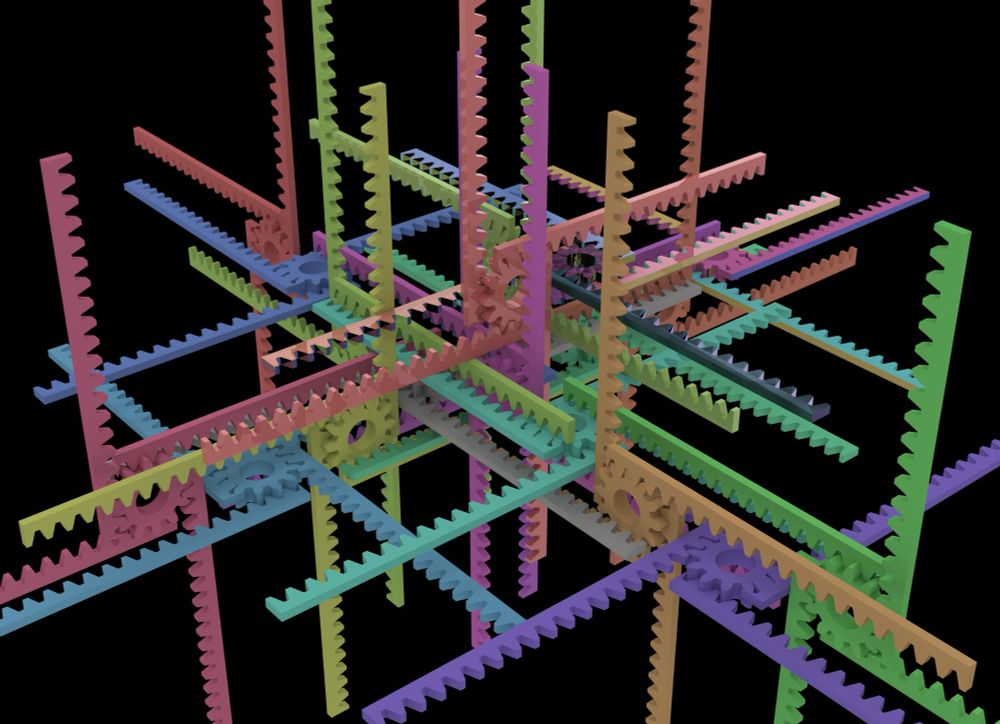 A colourful three-dimensional arrangement of gears and racks.