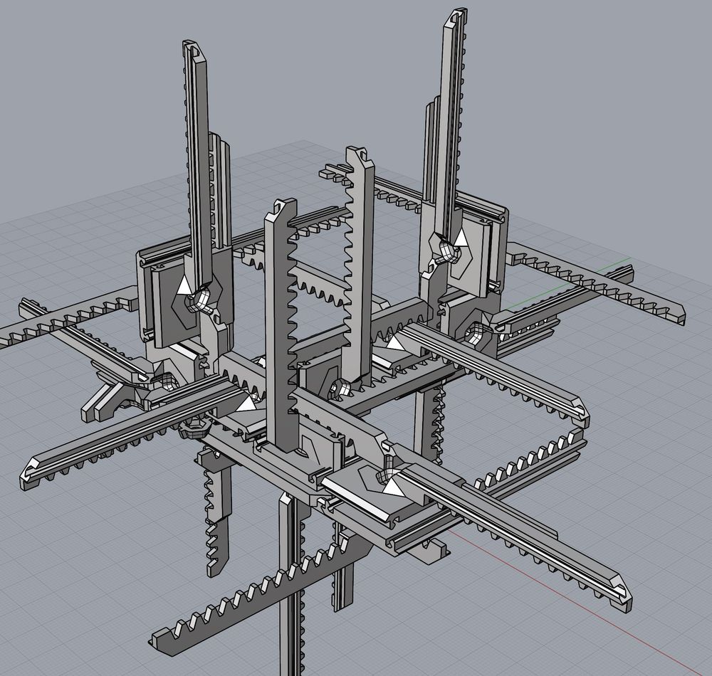 A screenshot from a CAD program with racks arranged in a complicated pattern in space.