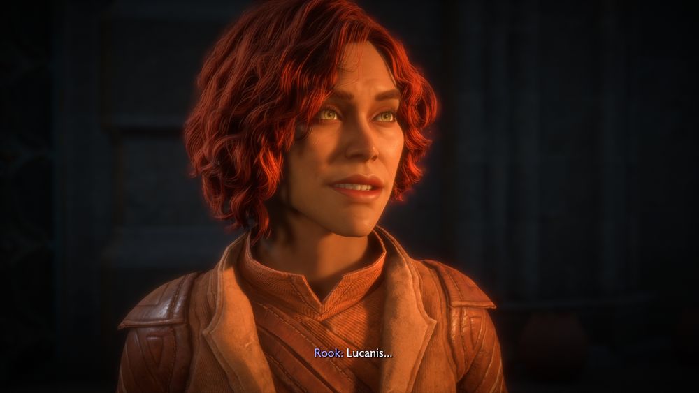 Bryony Aldwir, a human woman with light skin, green eyes, and short, curly red hair, wearing the casual Veil Jumper outfit. Caption: "Rook: Lucanis..."