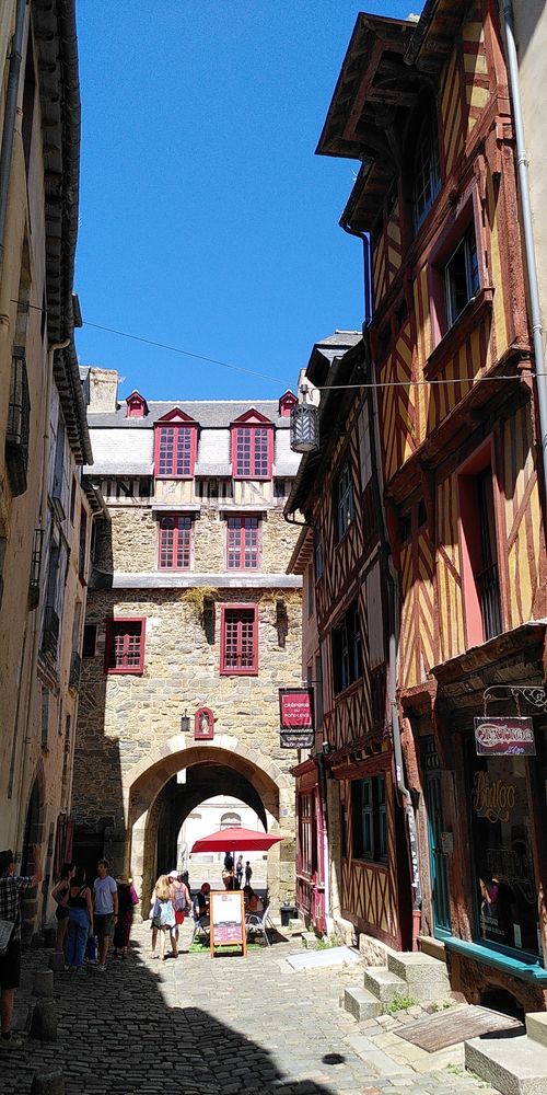 Side street in Rennes, of 17th century wood frame and stone buildings 