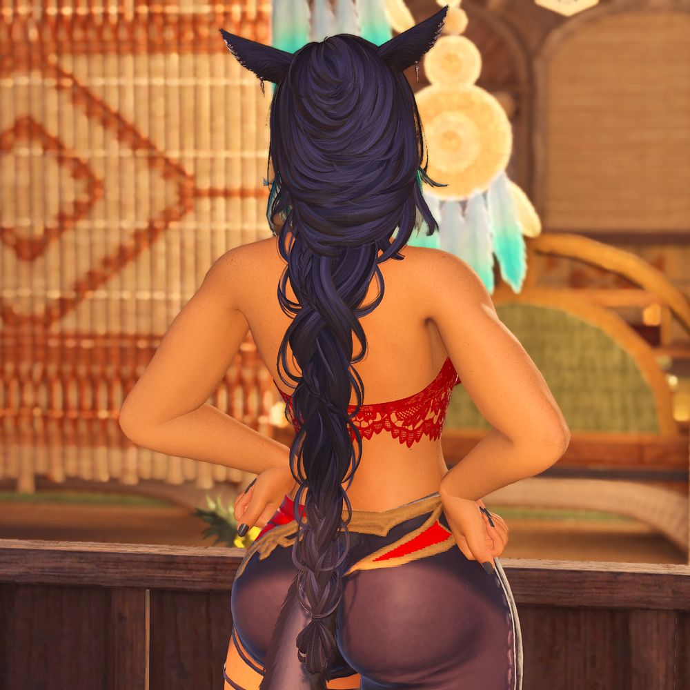 A screenshot of Hinata from the back with long, loosely braided hair that extends below her waist