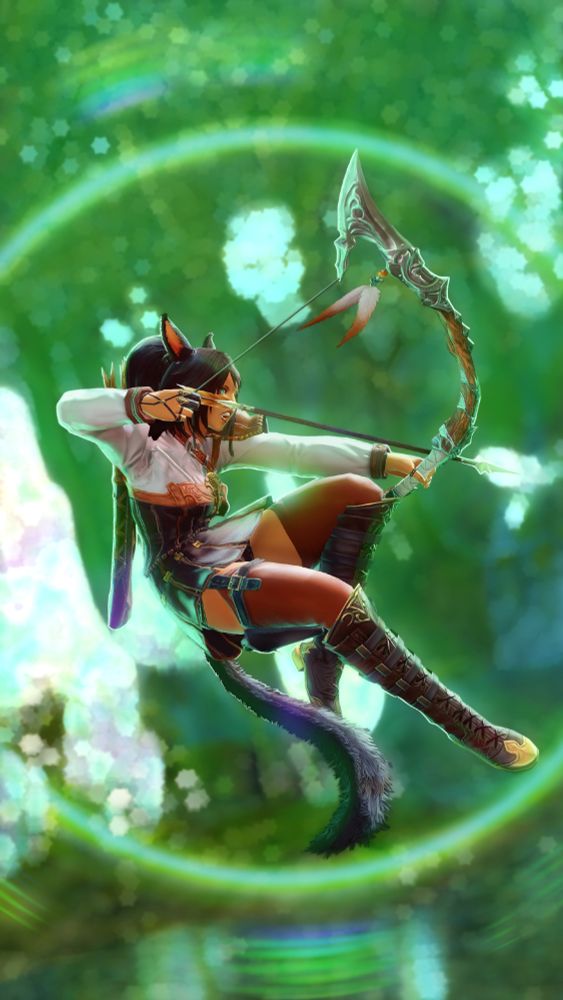 A gpose of my catgirl Hinata when she was a young adult. She is in midair, appearing to jump backwards with her bowstring drawn. The background is illuminated by the greenish-blue glow of crystals in Urth's Font.