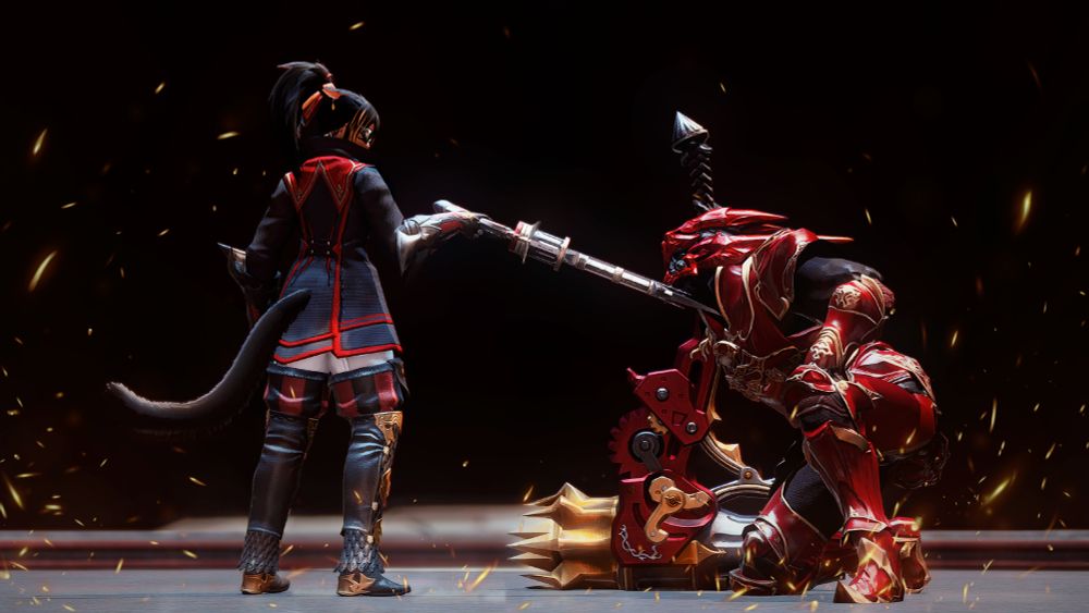 A gpose of my catgirl Hinata and Nero tol Scaeva in the Praetorium. Hinata points her gunblade down at Nero. The Garlean is on one knee, having exhausted his strength from their battle and gripping to hilt of his gunhammer for support. The tip of Hinata's gunblade rests beneath his chin and tilts his head upward to meet her gaze. A clear show of the Warrior of Light's resolve after defeating him. Sparks flying through the air around them.