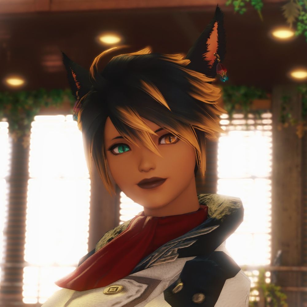 A screenshot of a smiling Hinata, ears high atop her head as she stands in front of brightly illuminated windows