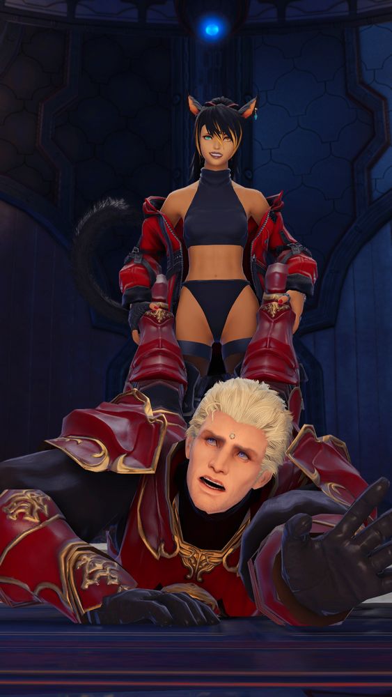 A gpose of my catgirl Hinata who is grinning and dragging a terrified Nero tol Scaeva by the legs in the Praetorium. 