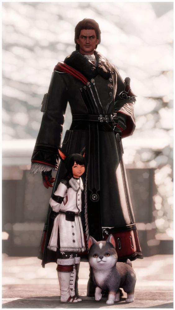 A gpose of a younger Gaius van Baelsar with his adopted daughter Hinata, alongside their family wolf pup. Gaius is wearing a long black and red coat, one hand propped on his hip. In front of him stands Hinata, the small child bundled in a white and red coat similar to her father's. Her hands are folded behind her back, a huge grin on her face. Beside her stands her faithful wolf pup. All three appear to look happy and content, as if posing for a portrait.