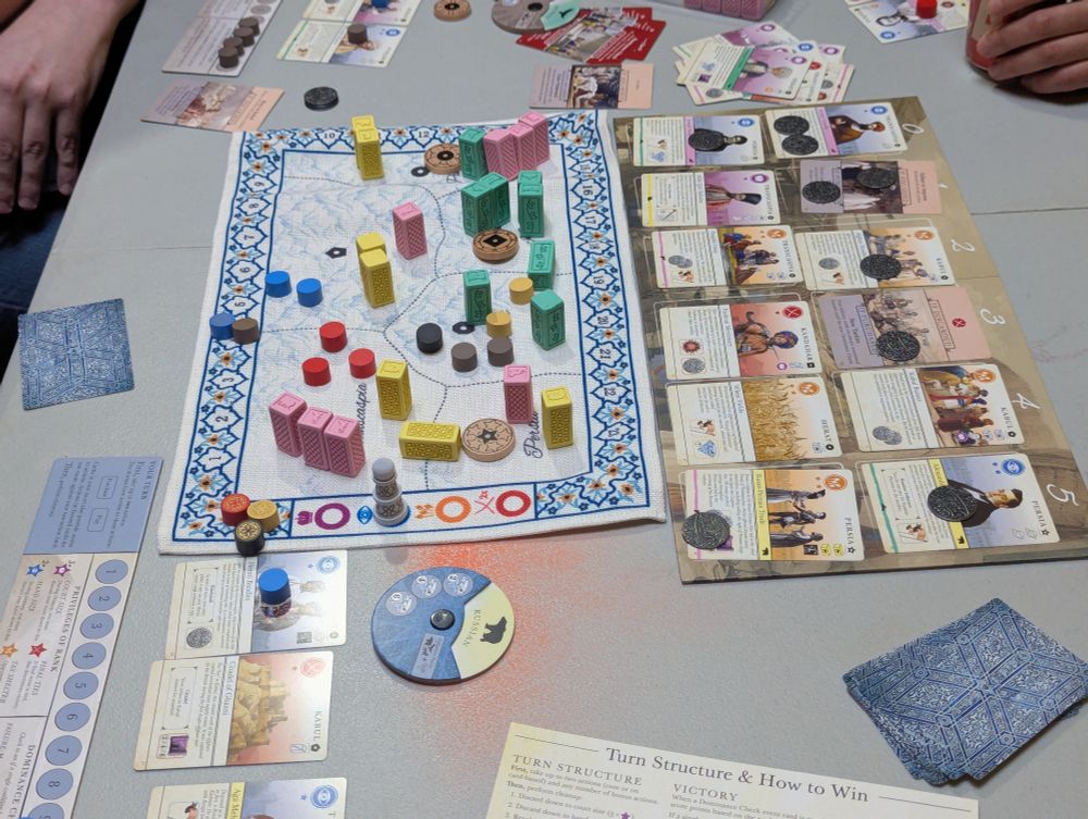 Pax Pamir board with card marketplace and various pieces on the board. Blue and grey are a lot of points ahead of the other players. 