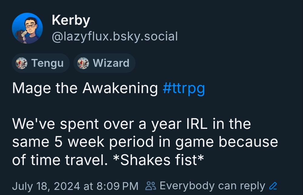 A screenshot of a bsky post recounting Mage the Awakening session.