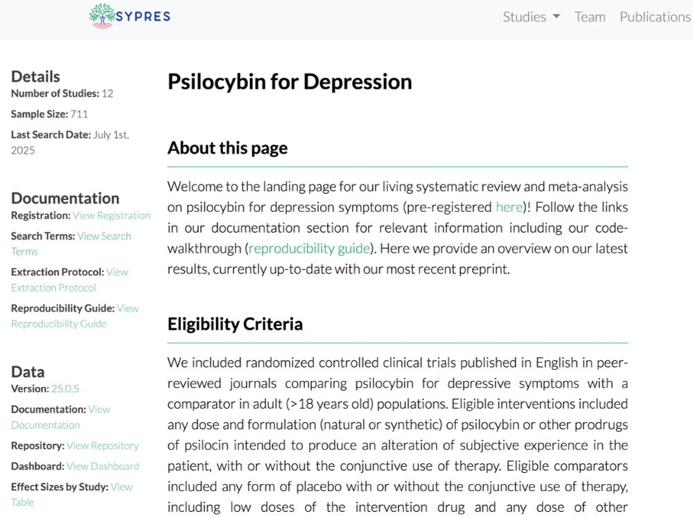 screenshot of the psilocybin for depression section on sypres.io