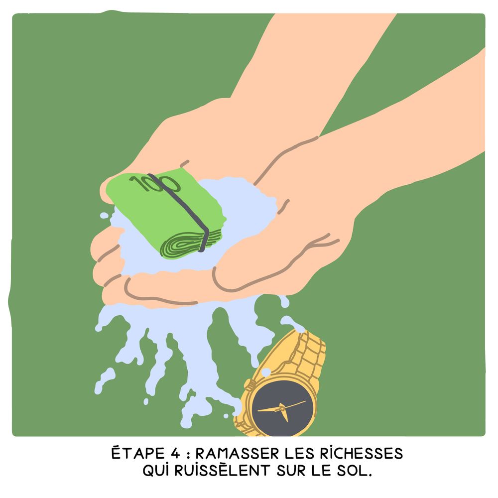 On voit des mains qui ramassent de l’eau, une liasse de billets de 100 euros et une montre en or 
Narrateur : « étape 4 : ramasser les richesses qui ruissellent sur le sol »