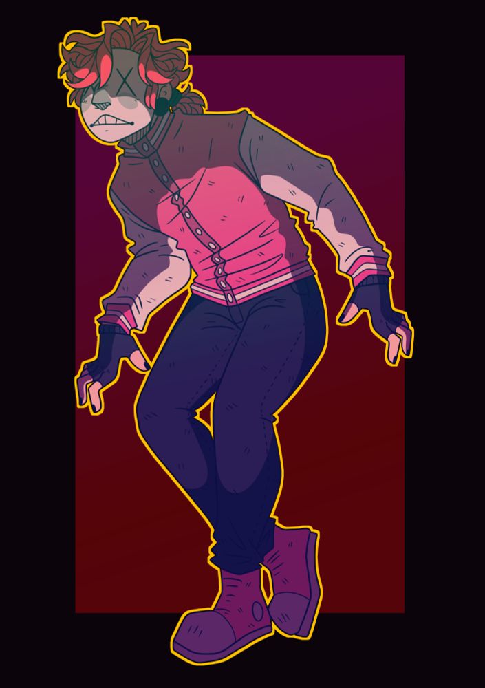 A drawing of CRYPTID from 2021. He has salmon pink hair and still wears a pink varsity jacket. He is also wearing black jeans, black fingerless gloves and pink converses shoes. The pose he is in shows him sneaking around, as if he's broken into someone's house. He wears a mask with a stylised sad face on it, with Xs for eyes.