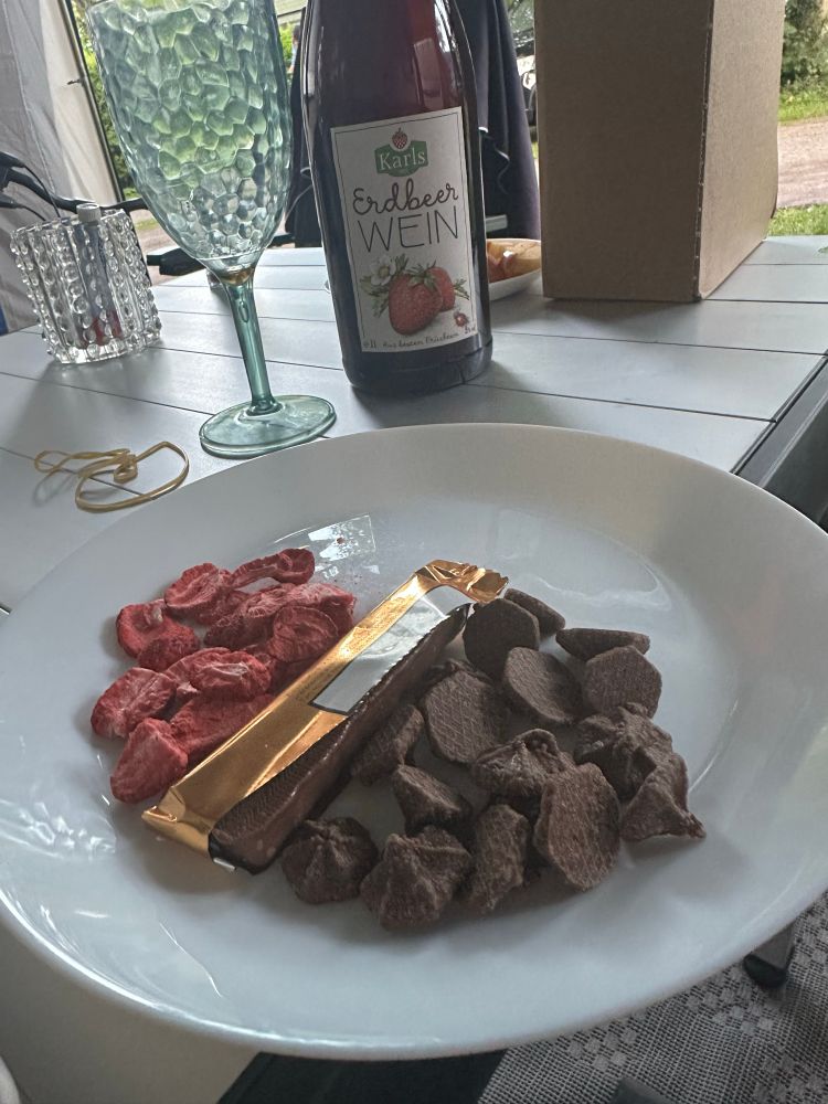 Ein Teller mit Knusperflocken, Erdbeerchips und einem Twix steht vor mir. Im Hintergrund steht noch Erdbeerwein und ein Weinglas rum
