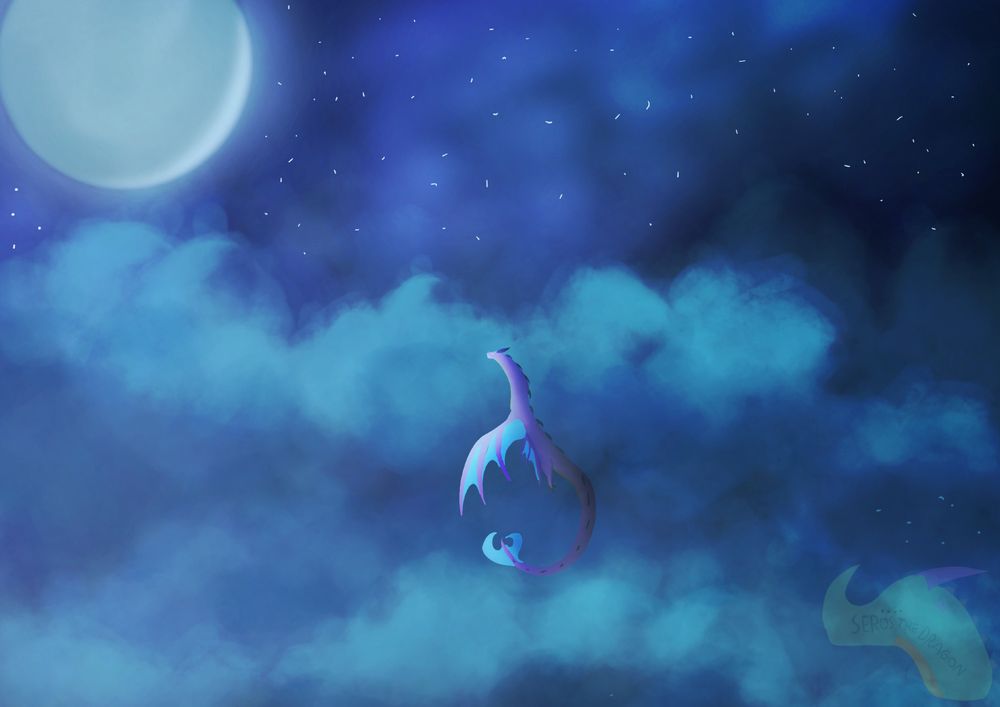 A beautiful night scenery, showing a fairly large dragon swooping through the clouds!