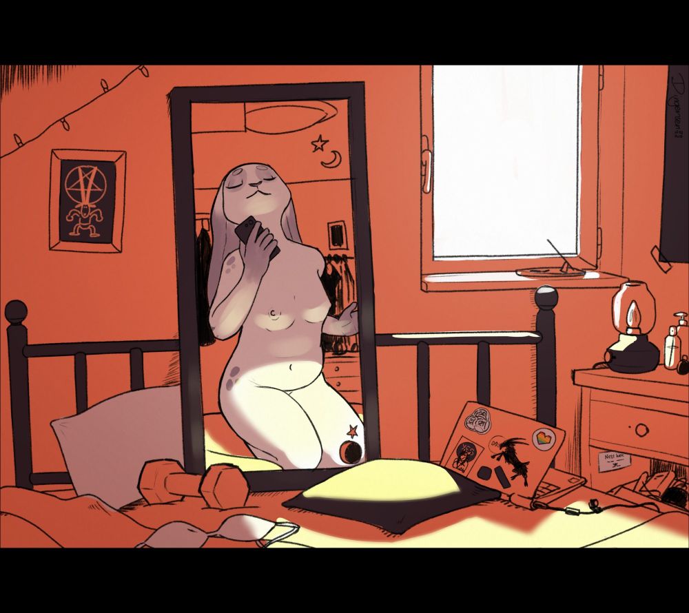 Drawing of a female anthropomorphic bunny taking a selfie in the mirror on her bed