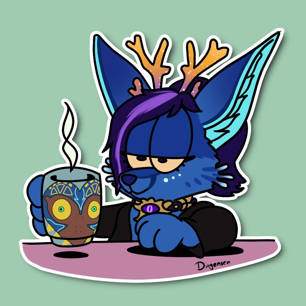 Drawing of a blue fennec deep sea creature hybrid in the style of Garfield. She is having a tired expression, holding a mug with majoras mask on it