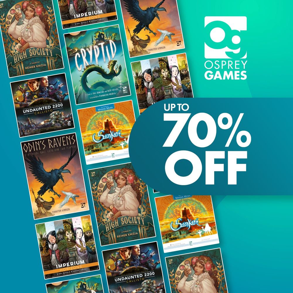 An image with the Osprey Games logo, the text "UP TO 70% OFF", and a diagonal pattern made up of various different repeating board game covers: High Society, Cryptid, Odin's Ravens, Undaunted 2200: Callisto, Imperium: Horizons and Sankoré.