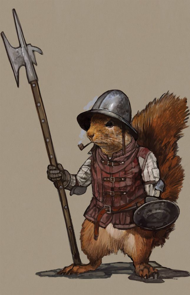An illustration of an anthropomorphic squirrell in medieval soldier's armour stood holding a halberd and smoking a pipe.