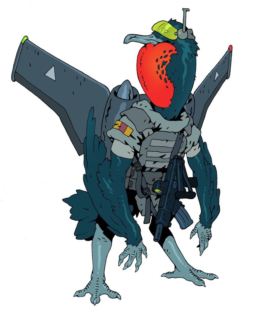 An illustration of a bipedal, humanoid bird in military gear and wearing a pair of mechanical aircraft-like wings. It is vibrantly coloured with blue-black feathers, an orange neck, and a yellow high-tech visor.