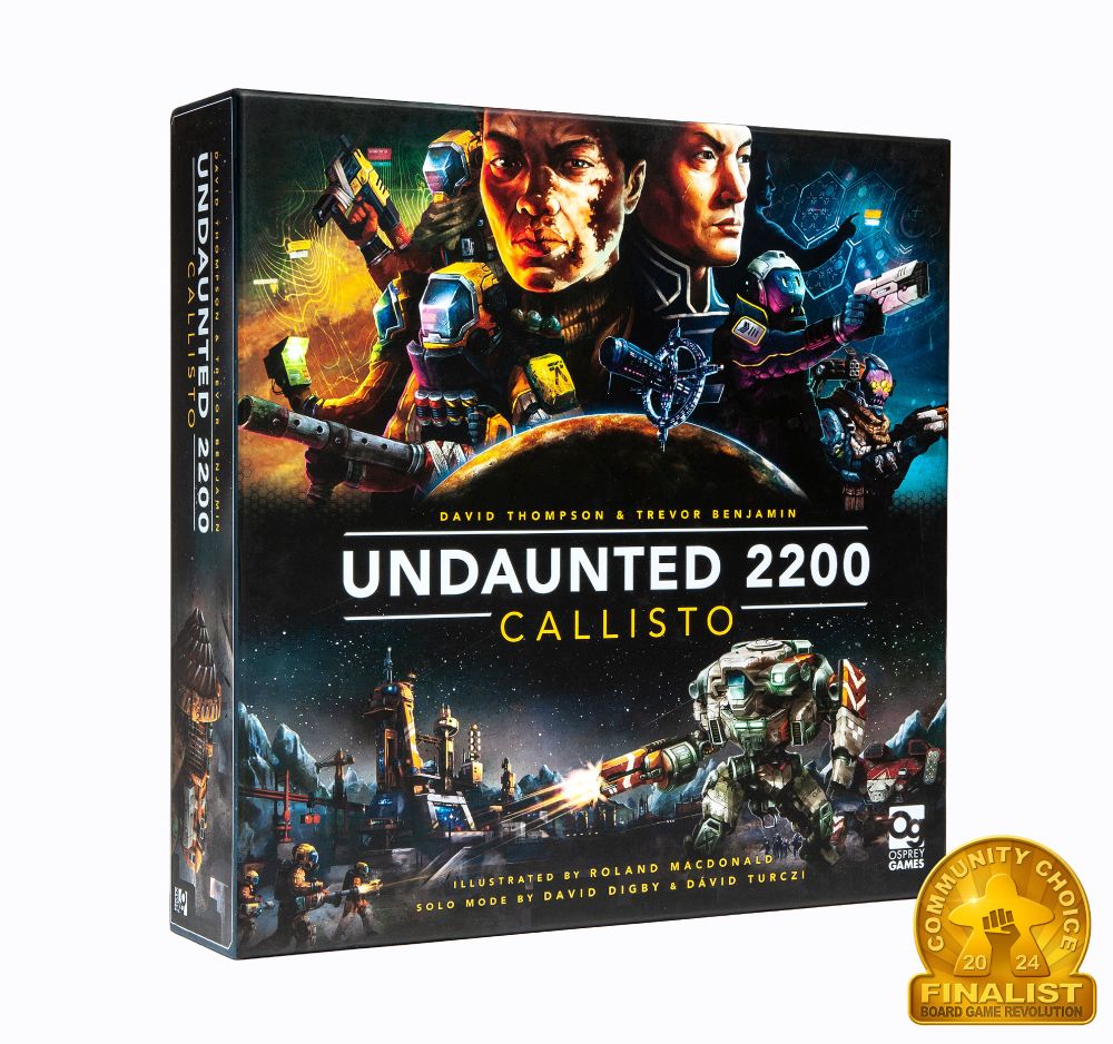 An image with the box of Undaunted 2200: Callisto, with art depicting various sci-fi mechs and soldiers, alongside a finalists crest for the Board Game Revolution Awards 2024.