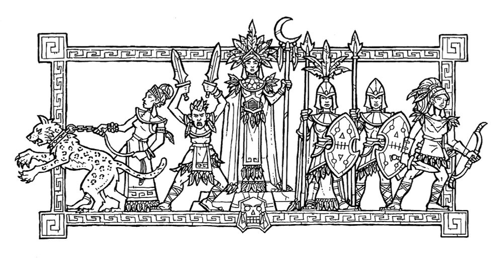 An uncoloured line drawing in the style of an engraving or inscription, depicting a group of armed and armoured women in an ancient style, one with a jaguar on a chain, and led by a taller figure in a headdress and holding a crescent-moon-topped staff.
