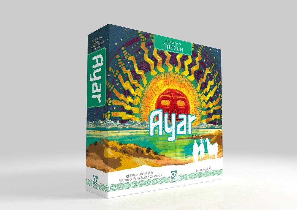An image of the box for the board game Ayar: Children of the Sun, with cover art depicting two silhouetted people and a llama on the shore of a lake with mountains on the horizon beneath a vast and elaborate sun motif.