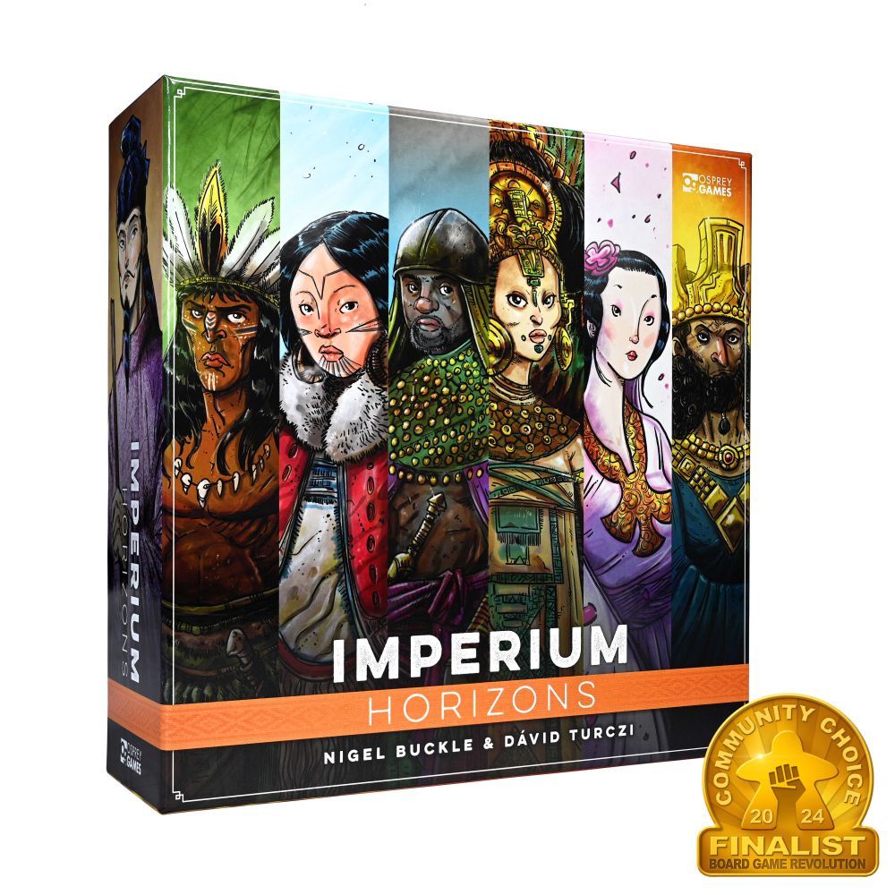 An image with the box of Imperium: Horizons, with art depicting the leaders of various ancient civilisations side by side, alongside a finalists crest for the Board Game Revolution Awards 2024.