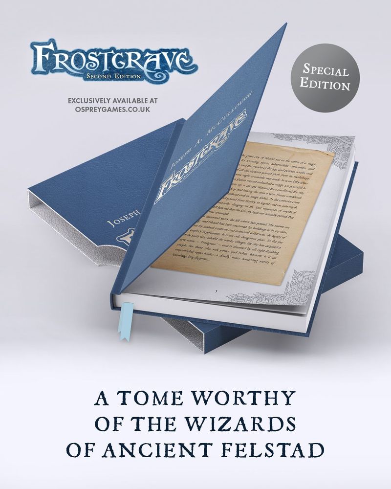 Another image, with the book on top of the slipcase half-opened to show an interior page with a scroll-like design and patterning around the edges. The caption reads: "A TOME WORTHY OF THE WIZARDS OF ANCIENT FELSTAD".