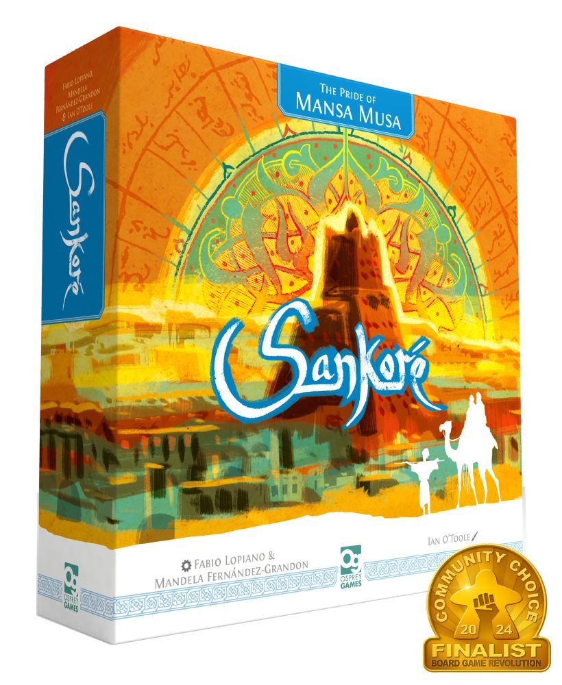 An image with the box of Sankoré, with art depicting the city skyline of 14th-century Timbuktu, alongside a finalists crest for the Board Game Revolution Awards 2024.