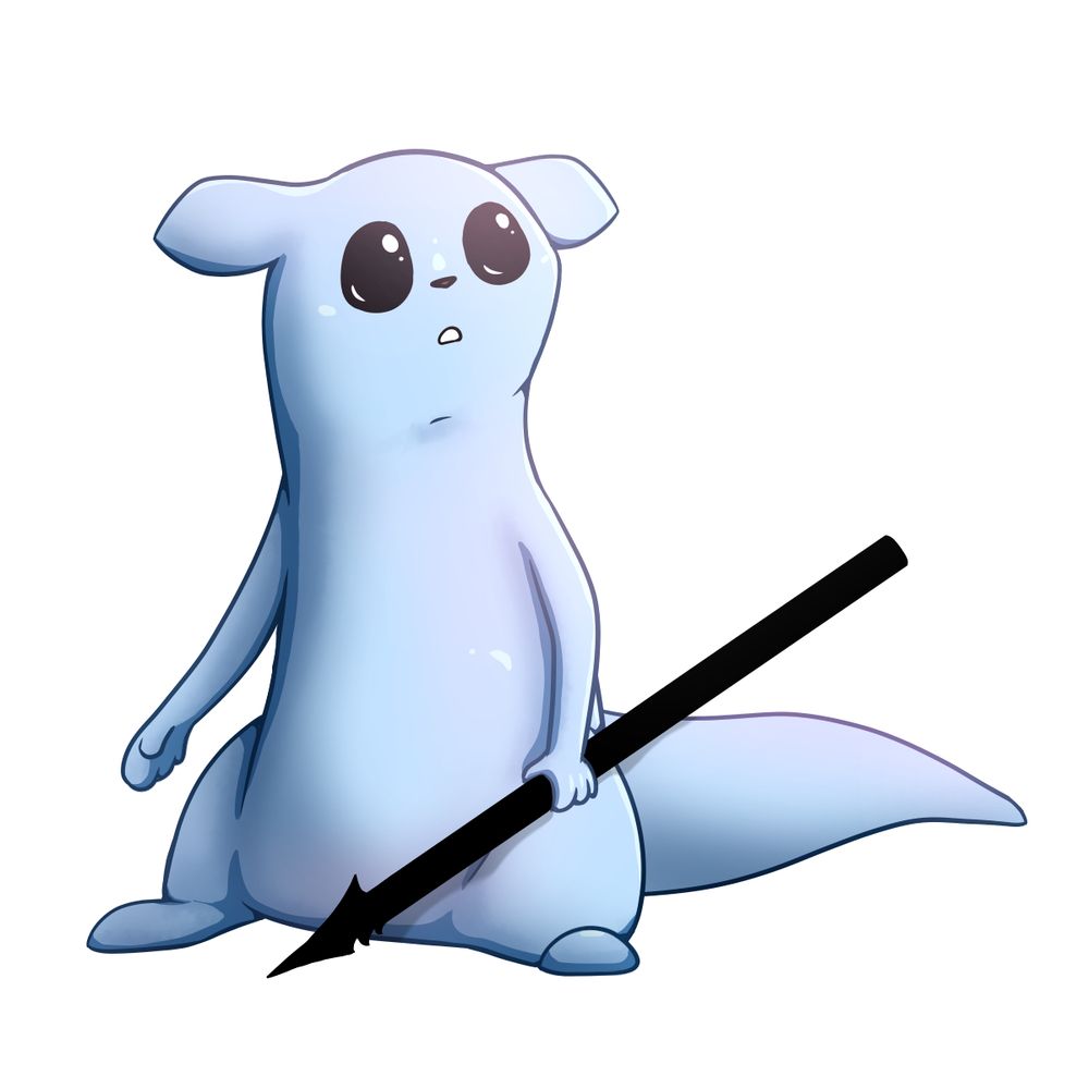 A blue slug cat from the game Rain World with soft blue and purple lighting. It is looking upper right, and is holding a black spear. It looks hopeful and innocent.