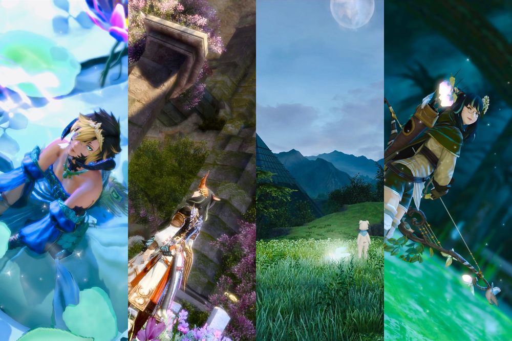 More gposes of Sapphire/Aster, left to right:
(1) Aster in her Dancer glam, looking at the camera from a pond;
(2) Sapphire looking up in the sunlit garden in the Sil'dihn Subterrane;
(3) Sapphire and the Emerald Carbuncle in Occult Crescent;
(4) Sapphire in her Bard glam in Saint Mocianne's Arboretum at night.
FFXIV gpose by Sapphire Aizawa.

うわぁめちゃくちゃめんどくさくなってきた…
だいたい…読んでくれる人おる？？？

でも可愛いよなサッちゃんとアーちゃん…
また一緒に遊べるといいなぁ。
付き合ってくれて、
いろんなコンテンツをやってくれて
素敵な思い出、ありがとう…

クルーザー級四層、またいつか、
アーちゃんと一緒にクリアしたい。
本当に楽しかったわ。
