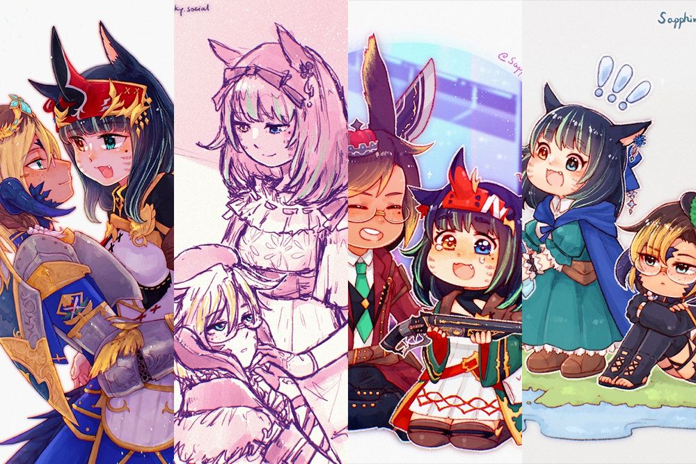 Sapph's portraits with Asteraceae, her adventure partner (they are just adventure partners), left to right: 
(1) Aster as Paladin and Sapph as SMN; 
(2) A sketch of Aster and Sapph, with Aster resting on her lap; 
(3) The Viera Aster from another Shard celebrating Sapph's first ever clear of a Savage tier... It was poetic that the first weapon dropped for Sapph was Dark Horse Champion's Musketoon, a MCH weapon, whereas Aster played as MCH as R1 with Sapph in that tier (good memories!); 
(4) FemRa Aster sitting next to Sapph, who's excitedly reeling in a ferocious bite. They also had good times fishing together. 
FFXIV fan art by Sapphire Aizawa.