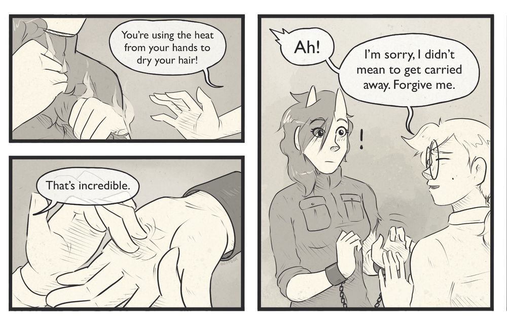 Three panels from a comic. In it, a woman grabs the hands of a demon and strokes them gently, amazed at her ability to generate heat with her hands to dry her hair.