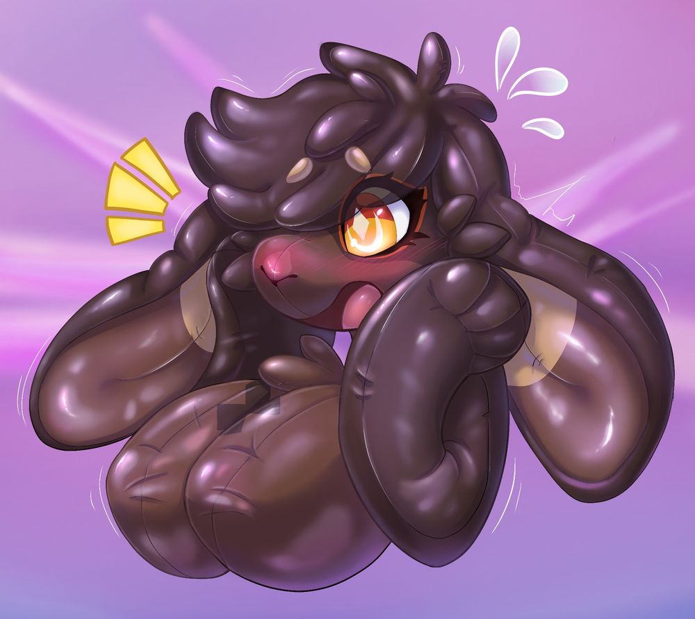 A pooltoy anthropomorphic rabbit blushing and confused