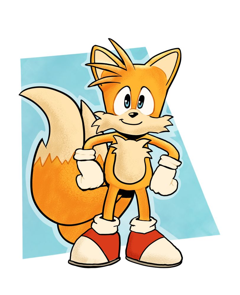 a digital drawing of Tails the Fox, on a blue square background
