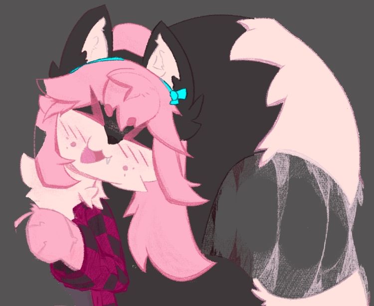 Lainy the fox peaking around a corner with a very happy facing mimicking the emoji >w<.
Her tail is wagging furiously!
