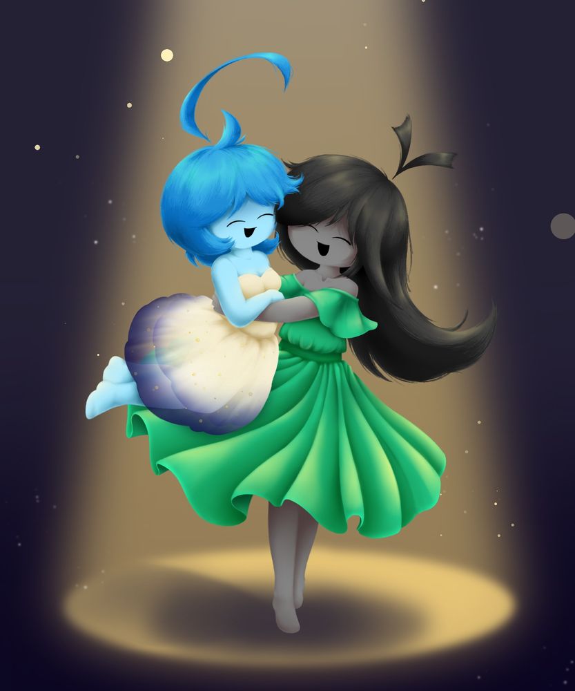Humanized versions of Six and Seven dancing together in the spotlight