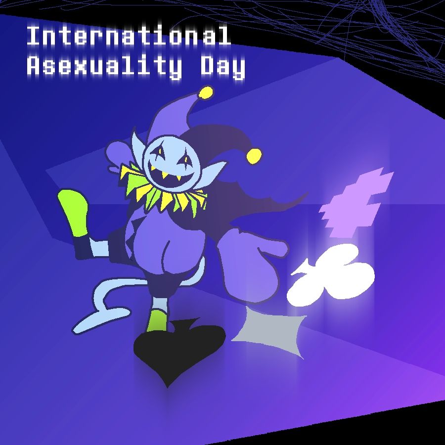 A digital drawing of Jevil from Deltarune throwing out a heart, club, diamond, and spade. The heart is shaped like a soul from the game. The colors form an asexual flag in reverse order (the heart is purple). In the top left corner, there is text saying "International Asexuality Day".