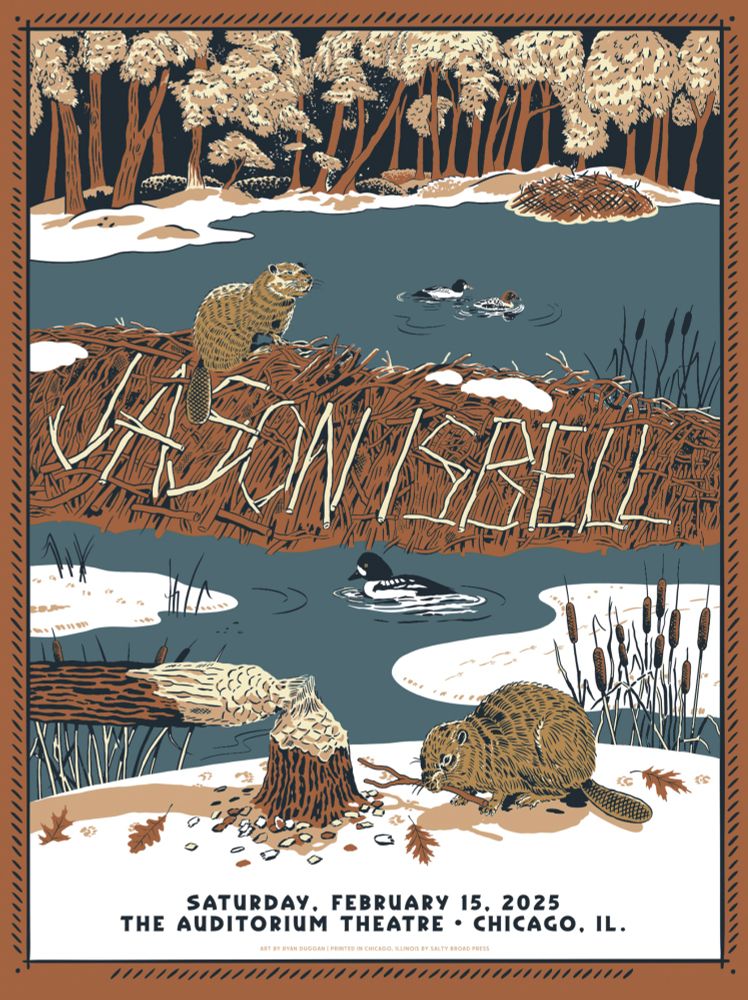 A concert poster for Jason Isbell featuring two beavers and “JASON ISBELL” spelled out in beaver dam sticks. 