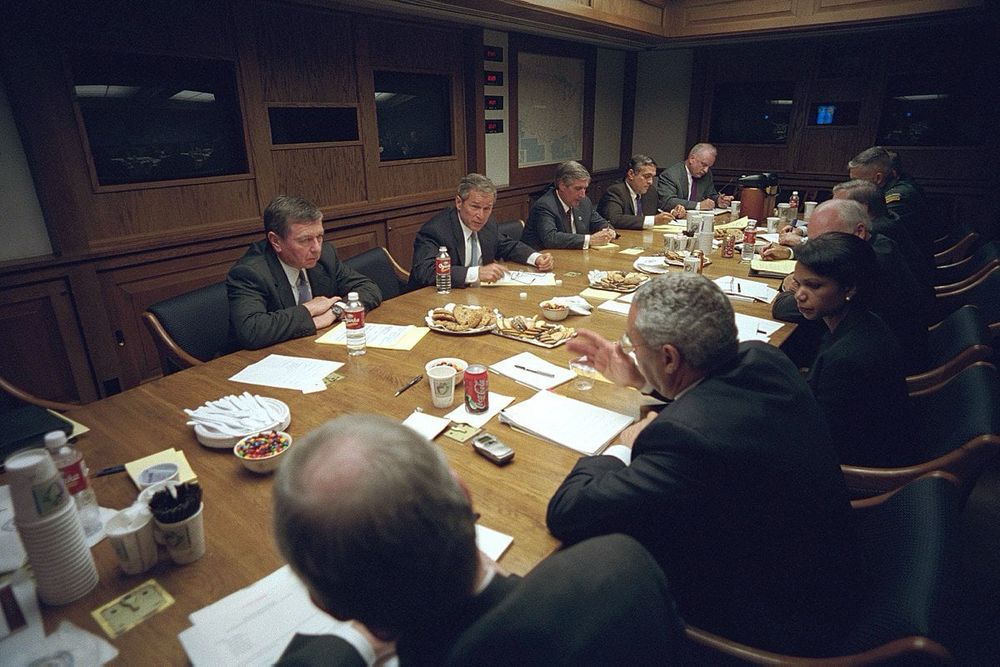 George W Bush and staff in the Emergency Operations Center of the White House. 