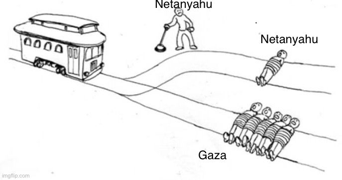 Trolley problem meme with Netanyahu at the switch, Netanyahu on one track, and the people of Gaza on the other track