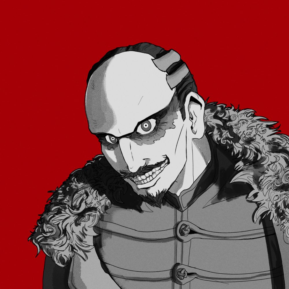 A black and white photo of the character Tsurumi, Golden kamuy, staring directly at the viewer. Hes wearing a fluffy coat and has a wide toothy grin.